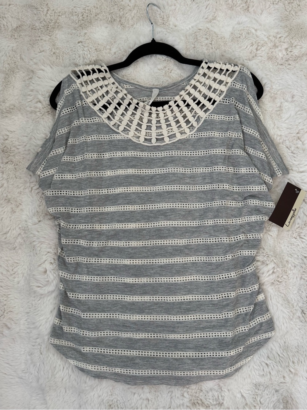 Loveappella Gray & Cream Striped Crochet Yoke Sleeveless Top